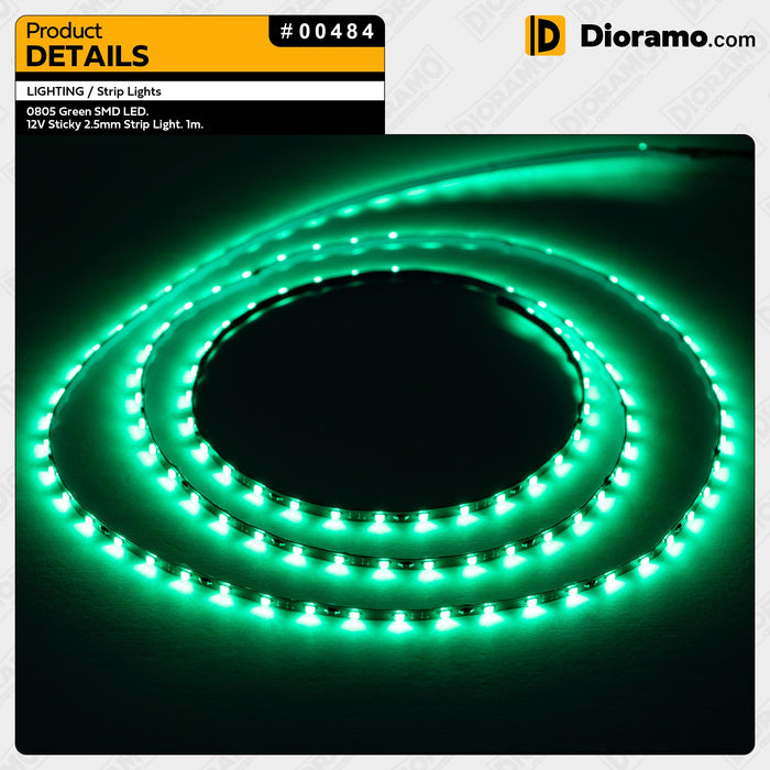 0805 Green SMD LED. 12V Sticky 2.5mm Strip Light. 1m.