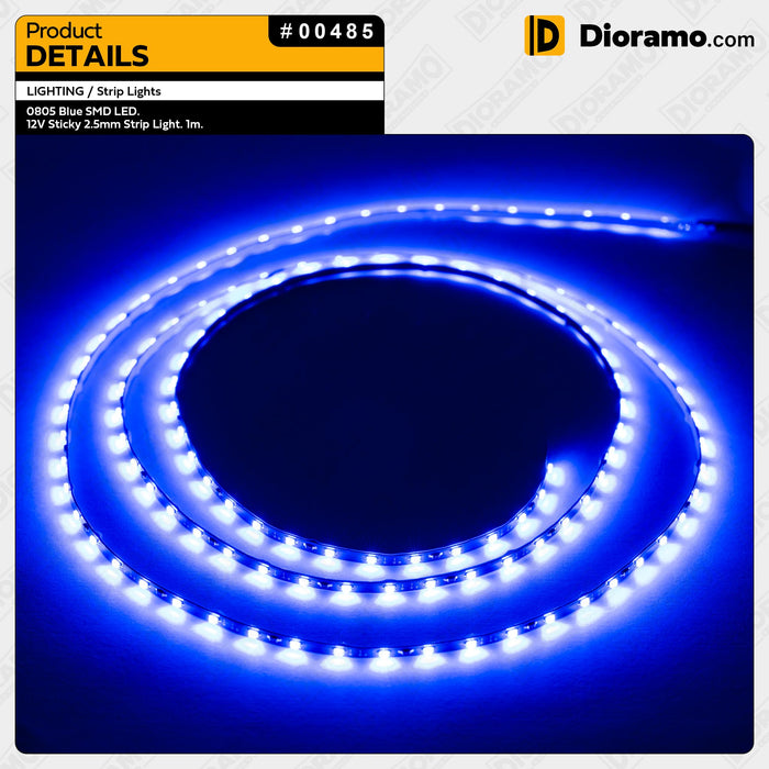 0805 Blue SMD LED. 12V Sticky 2.5mm Strip Light. 1m.