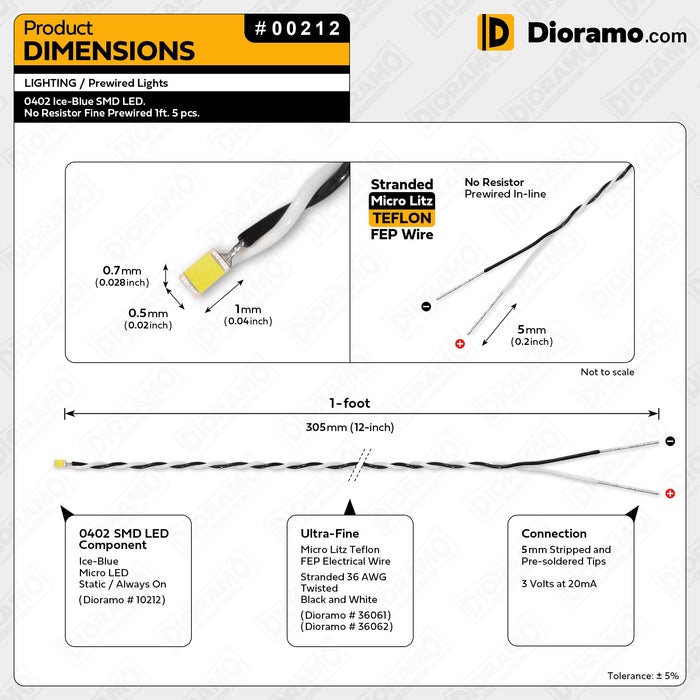 0402 Ice-Blue SMD LED. No Resistor Fine Prewired 1ft. 5 pcs.