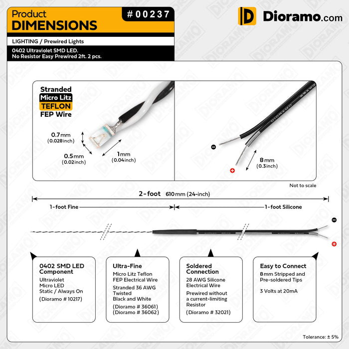 0402 Ultraviolet SMD LED. No Resistor Easy Prewired 2ft. 2 pcs.