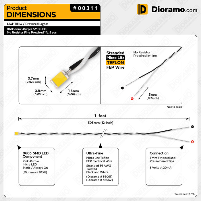 0603 Pink-Purple SMD LED. No Resistor Fine Prewired 1ft. 5 pcs.