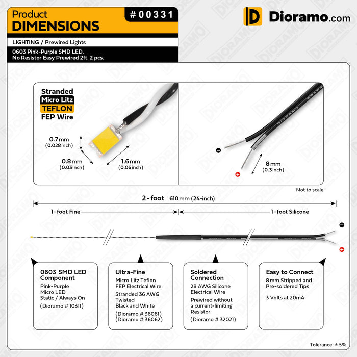 0603 Pink-Purple SMD LED. No Resistor Easy Prewired 2ft. 2 pcs.