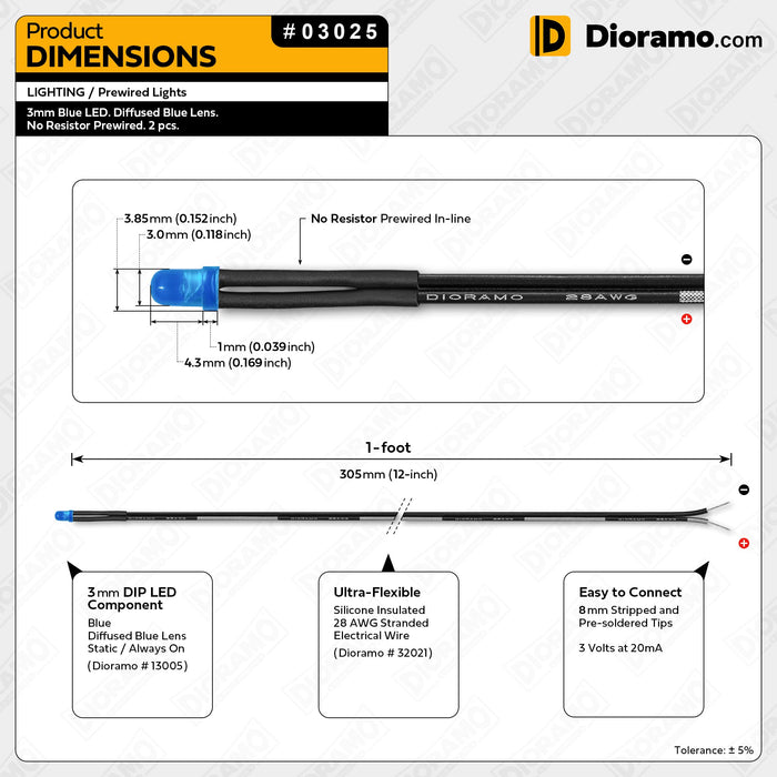 3mm Blue LED. Diffused Blue Lens. No Resistor Prewired. 2 pcs.
