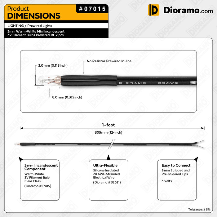3mm Warm-White Mini Incandescent 3V Filament Bulbs Prewired 1ft. 2 pcs