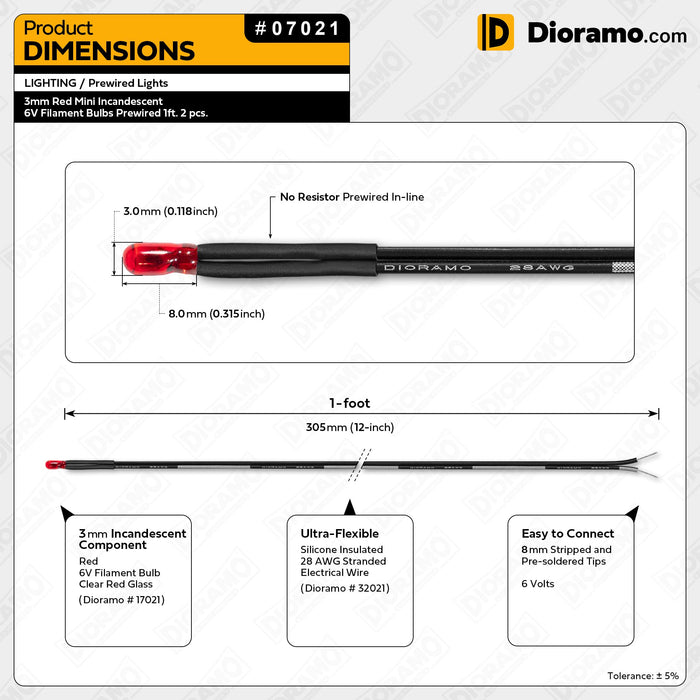 3mm Red Mini Incandescent 6V Filament Bulbs Prewired 1ft. 2 pcs.