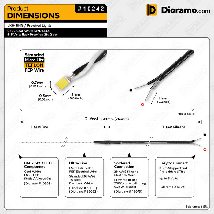 0402 Cool-White SMD LED. 5-6 Volts Easy Prewired 2ft. 2 pcs.