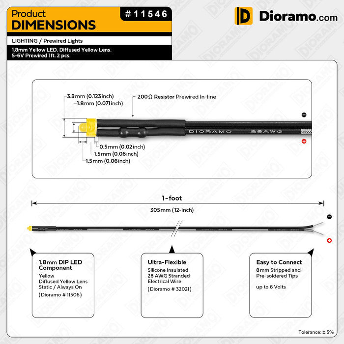 1.8mm Yellow LED. Diffused Yellow Lens. 5-6V Prewired 1ft. 2 pcs.