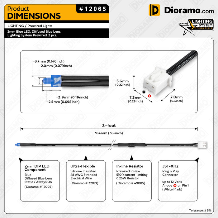 2mm Blue LED. Diffused Blue Lens. Lighting System Prewired. 2 pcs.