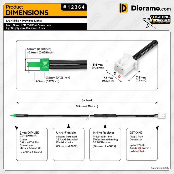 2mm Green LED. Tall Flat Green Lens. Lighting System Prewired. 2 pcs.