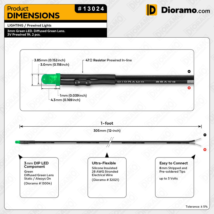 3mm Green LED. Diffused Green Lens. 3V Prewired 1ft. 2 pcs.