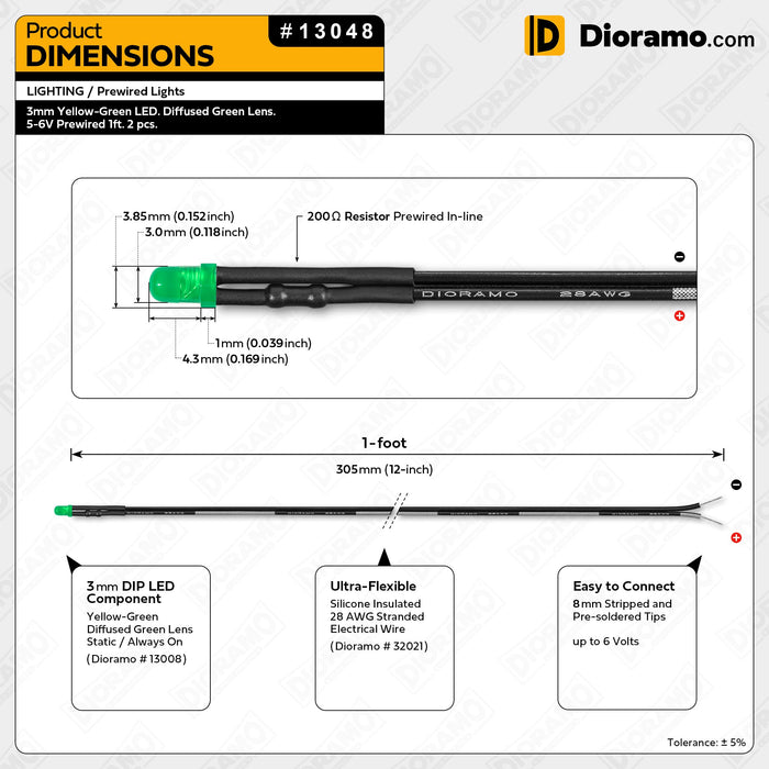 3mm Yellow-Green LED. Diffused Green Lens. 5-6V Prewired 1ft. 2 pcs.
