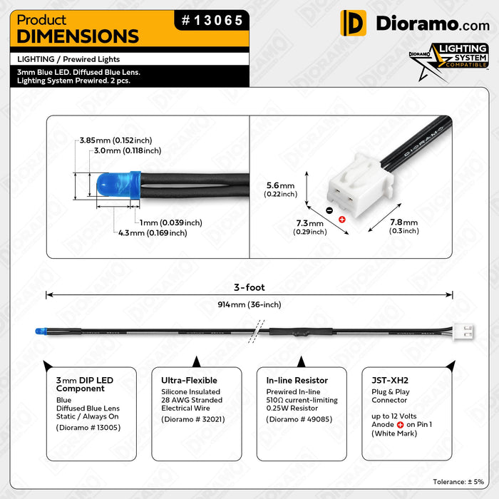 3mm Blue LED. Diffused Blue Lens. Lighting System Prewired. 2 pcs.