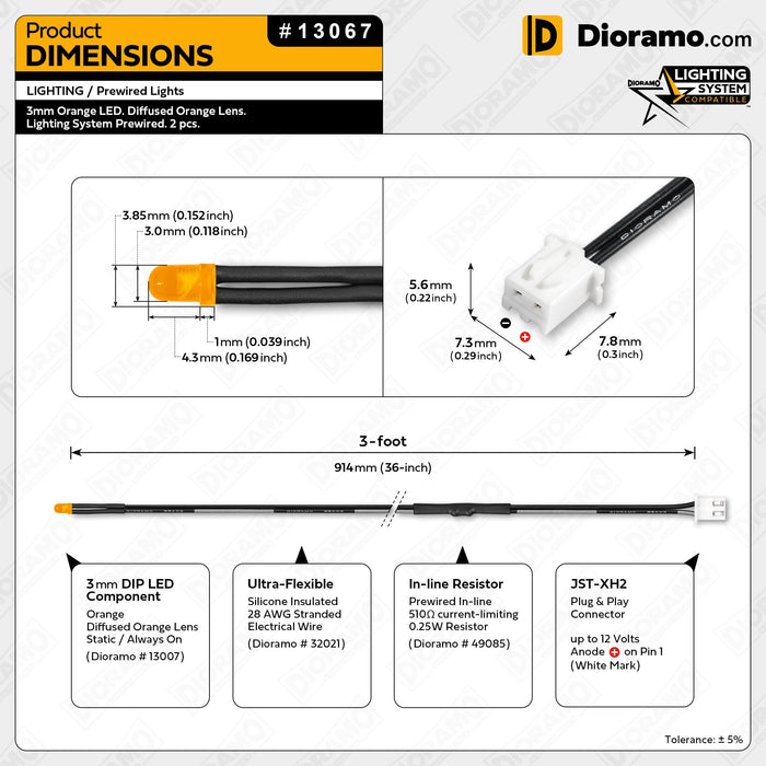 3mm Orange LED. Diffused Orange Lens. Lighting System Prewired. 2pcs.
