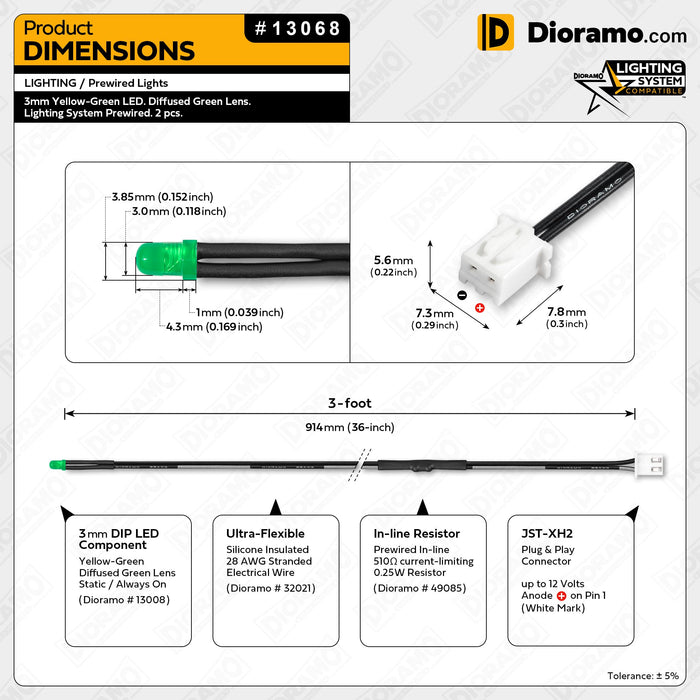3mm Yellow-Green LED. Diffused Lens. Lighting System Prewired. 2 pcs.
