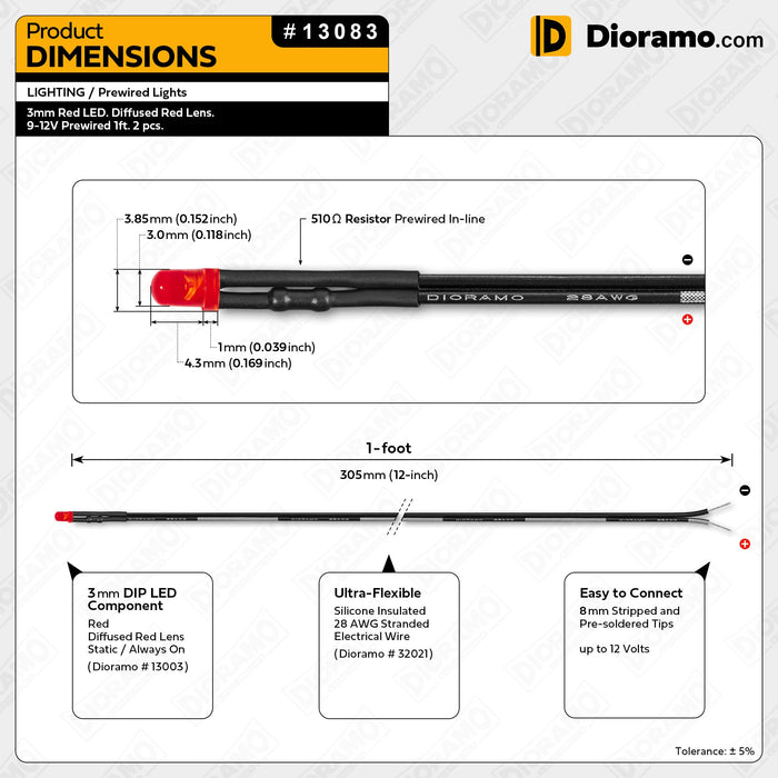 3mm Red LED. Diffused Red Lens. 9-12V Prewired 1ft. 2 pcs.