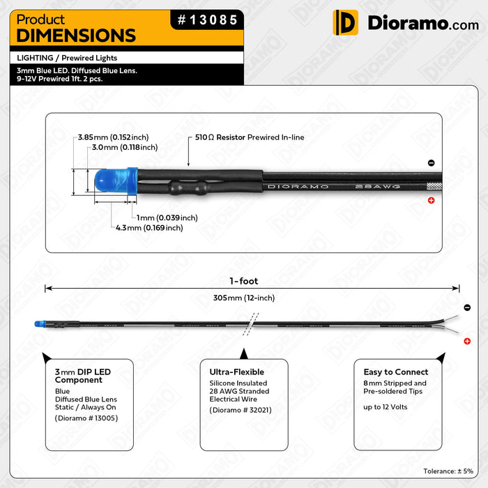 3mm Blue LED. Diffused Blue Lens. 9-12V Prewired 1ft. 2 pcs.