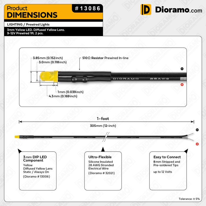 3mm Yellow LED. Diffused Yellow Lens. 9-12V Prewired 1ft. 2 pcs.
