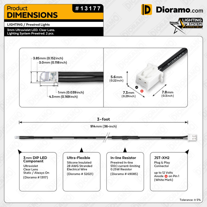 3mm Ultraviolet LED. Clear Lens. Lighting System Prewired. 2 pcs.