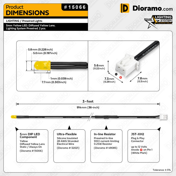 5mm Yellow LED. Diffused Yellow Lens. Lighting System Prewired. 2 pcs.