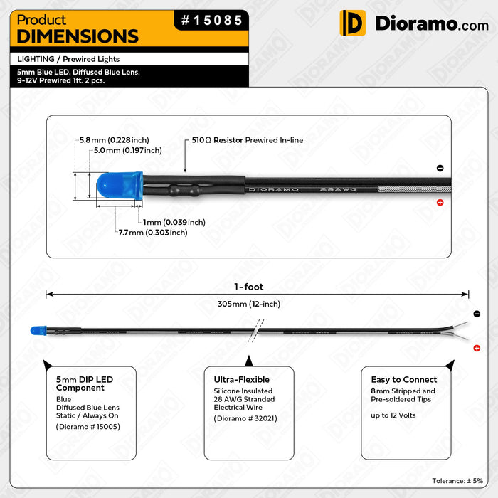 5mm Blue LED. Diffused Blue Lens. 9-12V Prewired 1ft. 2 pcs.