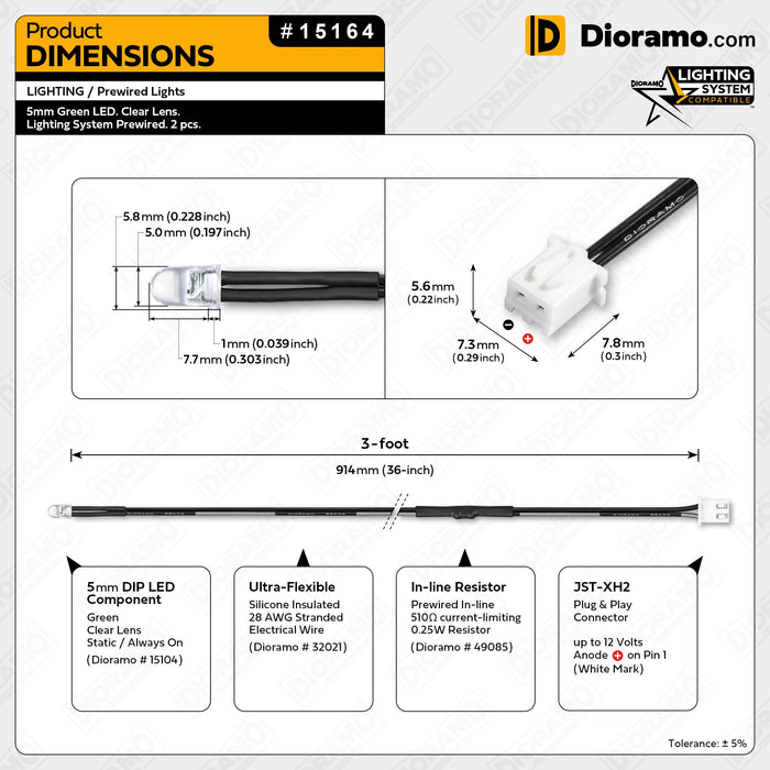 5mm Green LED. Clear Lens. Lighting System Prewired. 2 pcs.