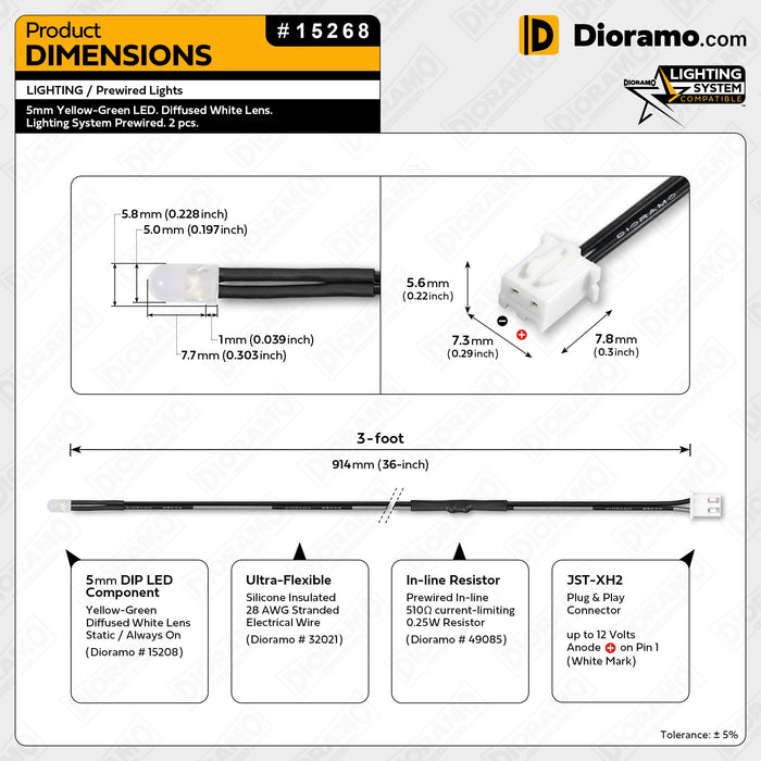 5mm Yellow-Green LED. White Lens. Lighting System Prewired. 2 pcs.