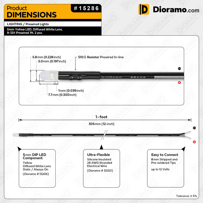5mm Yellow LED. Diffused White Lens. 9-12V Prewired 1ft. 2 pcs.