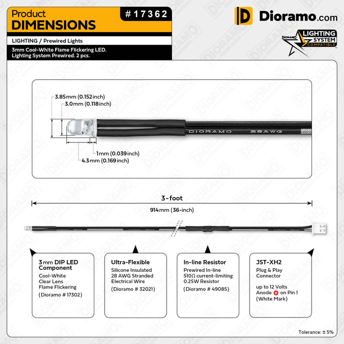 3mm Cool-White Flame Flickering LED. Lighting System Prewired. 2 pcs.