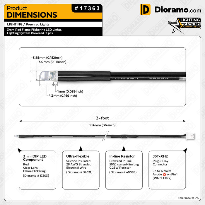 3mm Red Flame Flickering LED Lights. Lighting System Prewired. 2 pcs.