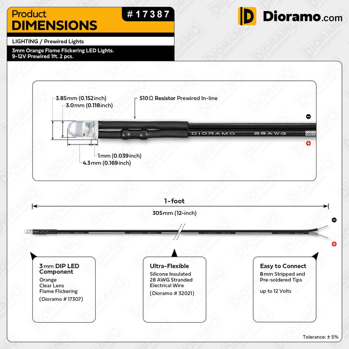 3mm Orange Flame Flickering LED Lights. 9-12V Prewired 1ft. 2 pcs.
