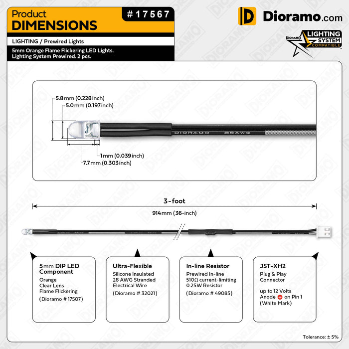 5mm Orange Flame Flickering LED Light. Lighting System Prewired. 2 pcs