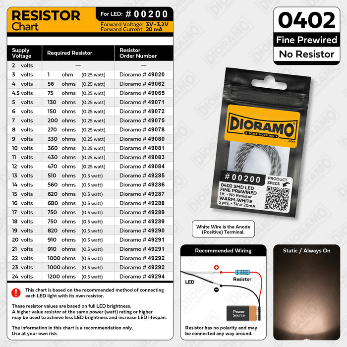 0402 Warm-White SMD LED. No Resistor Fine Prewired 1ft. 5 pcs.