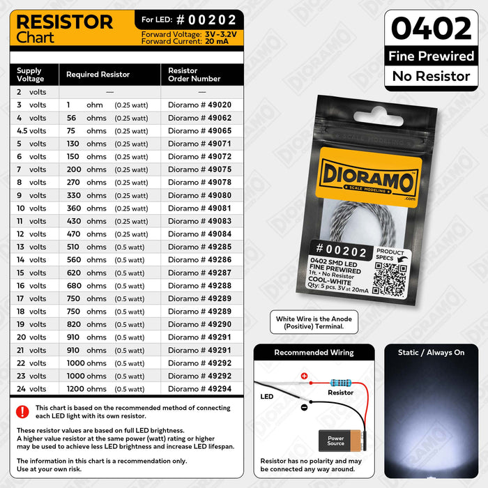 0402 Cool-White SMD LED. No Resistor Fine Prewired 1ft. 5 pcs.