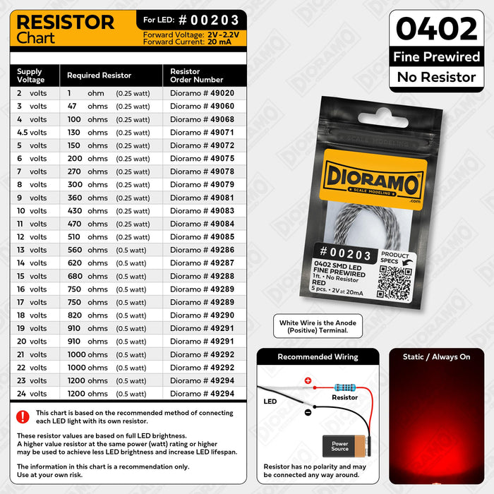 0402 Red SMD LED. No Resistor Fine Prewired 1ft. 5 pcs.