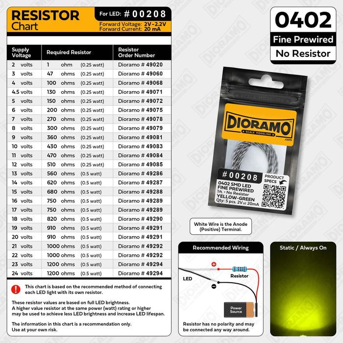 0402 Yellow-Green SMD LED. No Resistor Fine Prewired 1ft. 5 pcs.