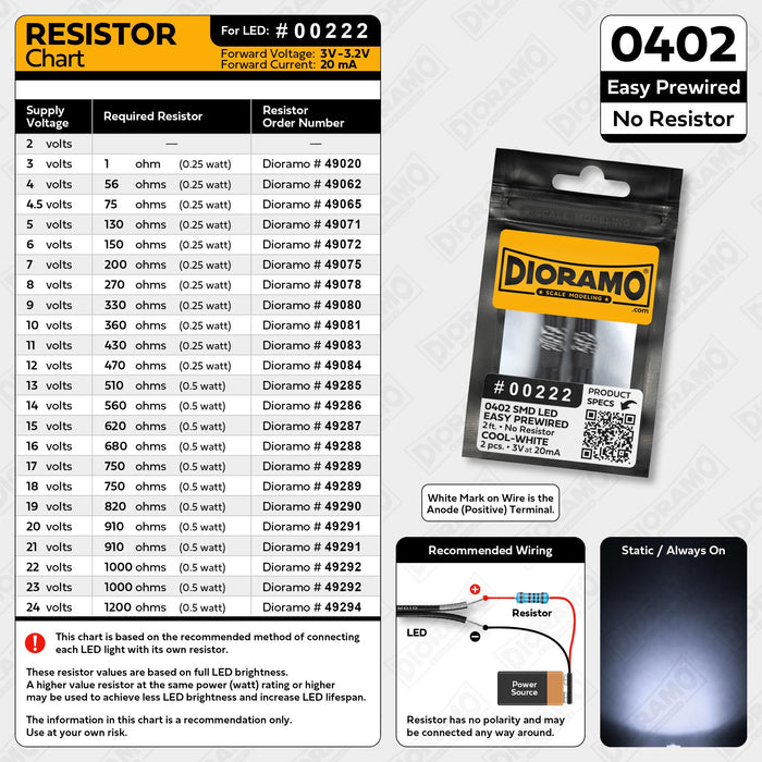 0402 Cool-White SMD LED. No Resistor Easy Prewired 2ft. 2 pcs.