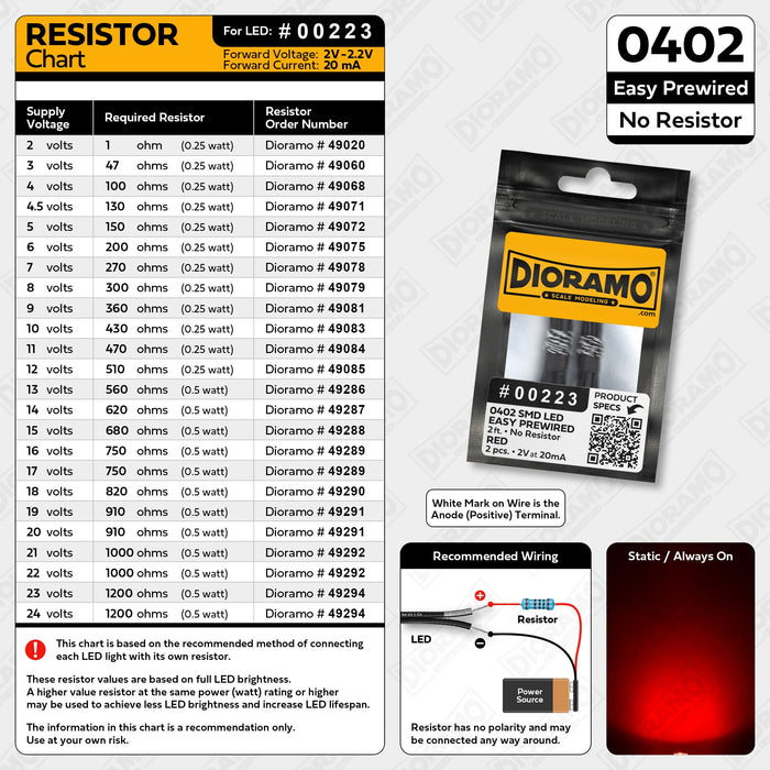 0402 Red SMD LED. No Resistor Easy Prewired 2ft. 2 pcs.
