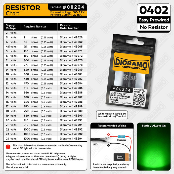 0402 Green SMD LED. No Resistor Easy Prewired 2ft. 2 pcs.