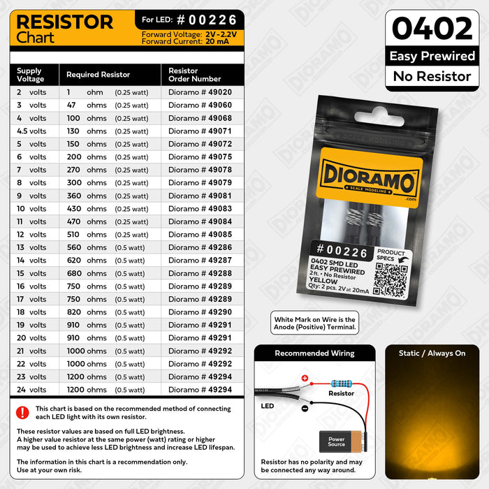 0402 Yellow SMD LED. No Resistor Easy Prewired 2ft. 2 pcs.