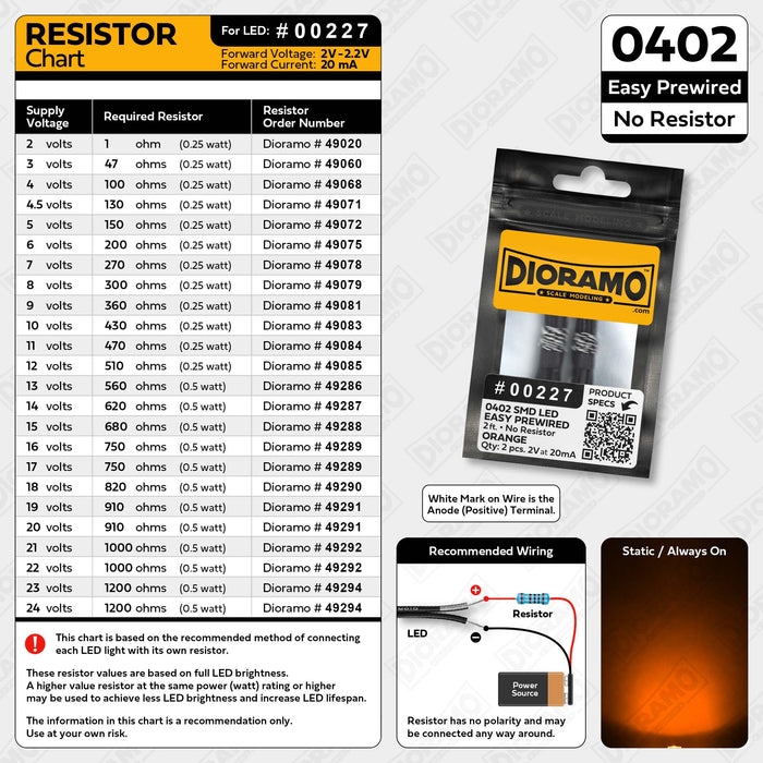 0402 Orange SMD LED. No Resistor Easy Prewired 2ft. 2 pcs.