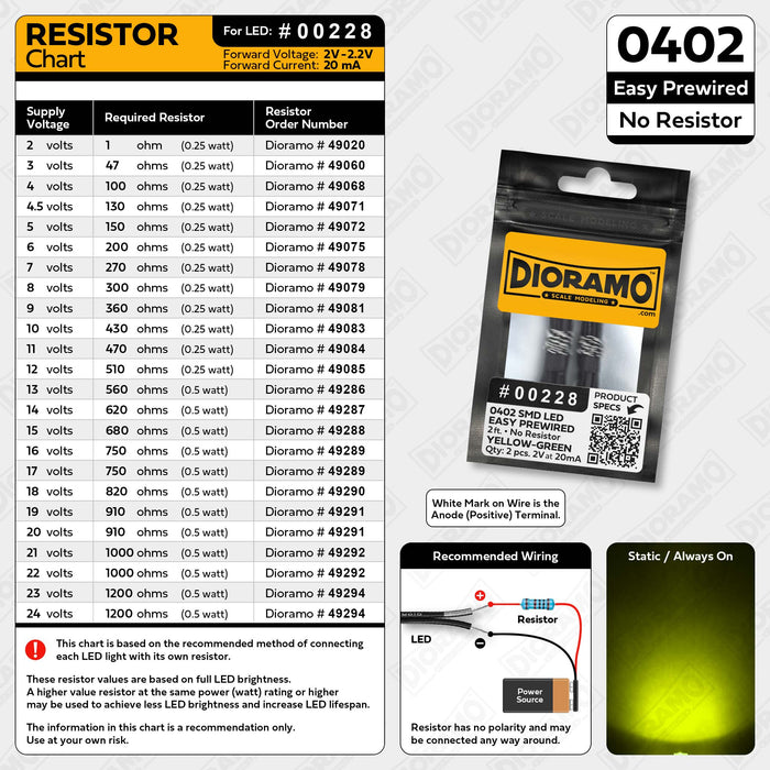 0402 Yellow-Green SMD LED. No Resistor Easy Prewired 2ft. 2 pcs.