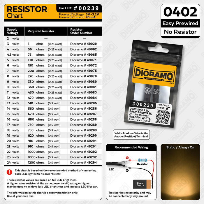 0402 Golden-White SMD LED. No Resistor Easy Prewired 2ft. 2 pcs.