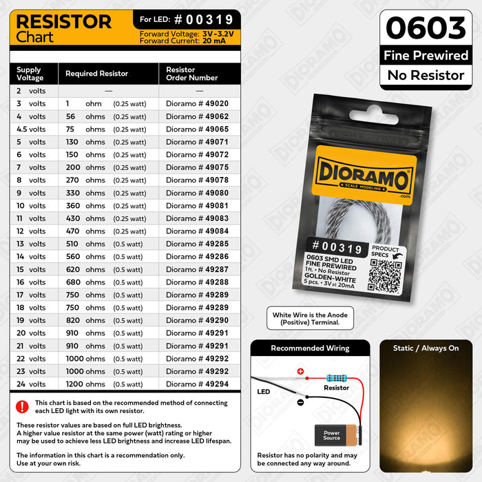 0603 Golden-White SMD LED. No Resistor Fine Prewired 1ft. 5 pcs.