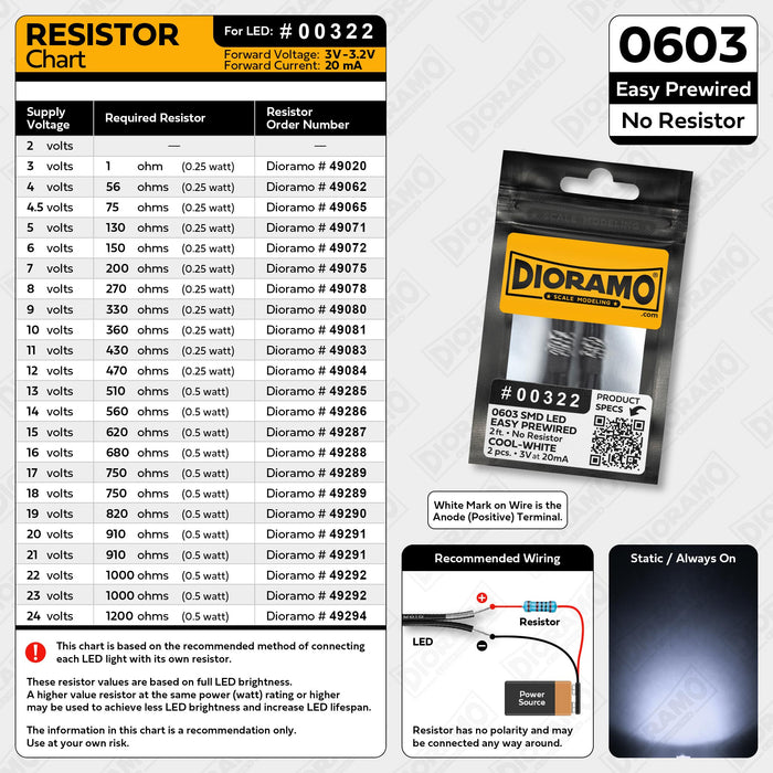 0603 Cool-White SMD LED. No Resistor Easy Prewired 2ft. 2 pcs.