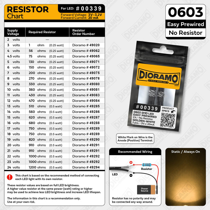 0603 Golden-White SMD LED. No Resistor Easy Prewired 2ft. 2 pcs.