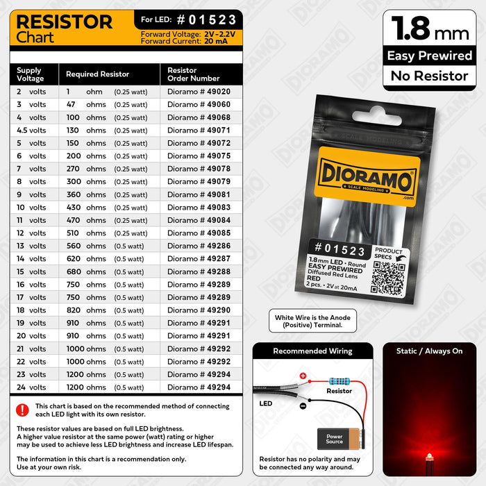 1.8mm Red LED. Diffused Red Lens. No Resistor Prewired 2 pcs.