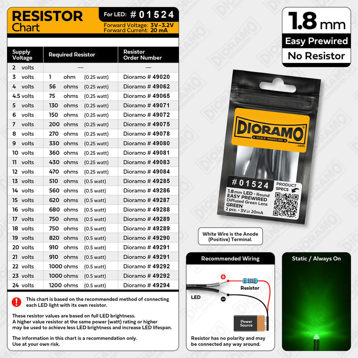 1.8mm Green LED. Diffused Green Lens. No Resistor Prewired 2 pcs.