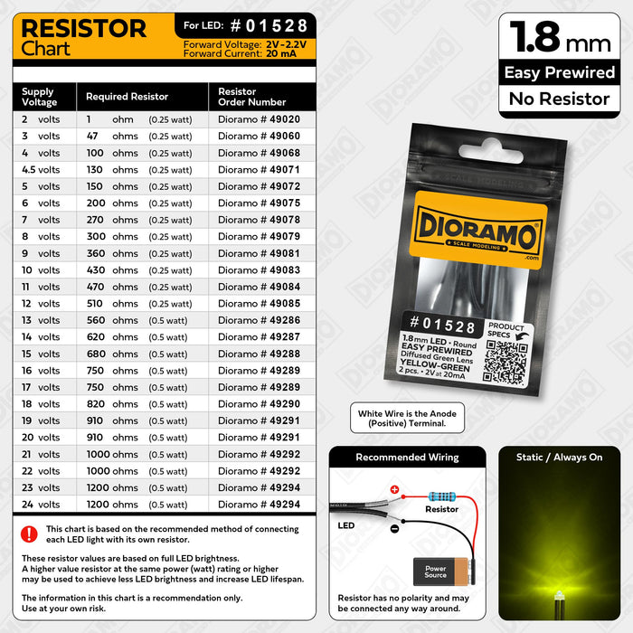 1.8mm Yellow-Green LED. Diffused Green Lens. No Resistor Prewired 2pcs