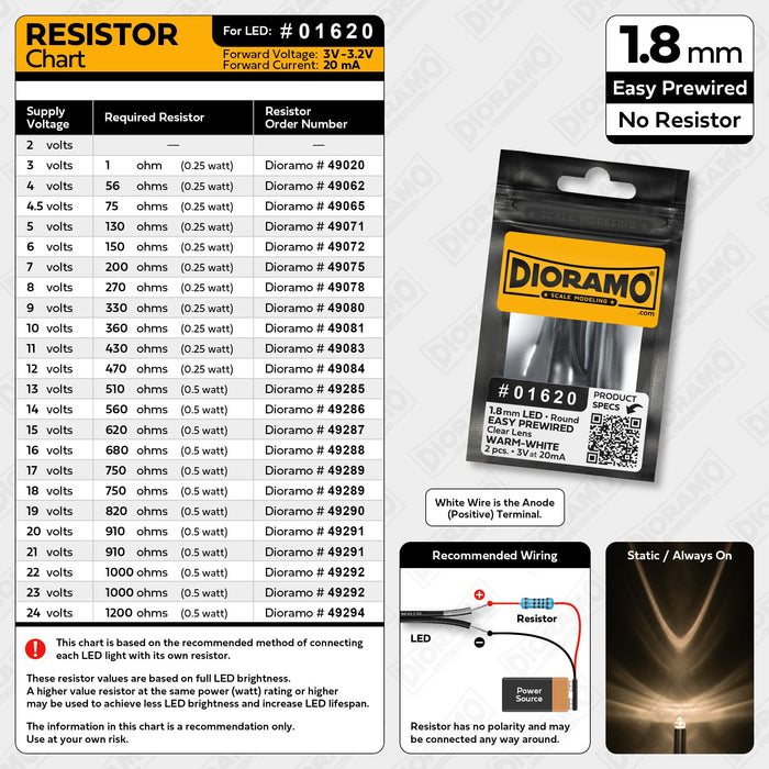 1.8mm Warm-White LED. Clear Lens. No Resistor Prewired. 2 pcs.