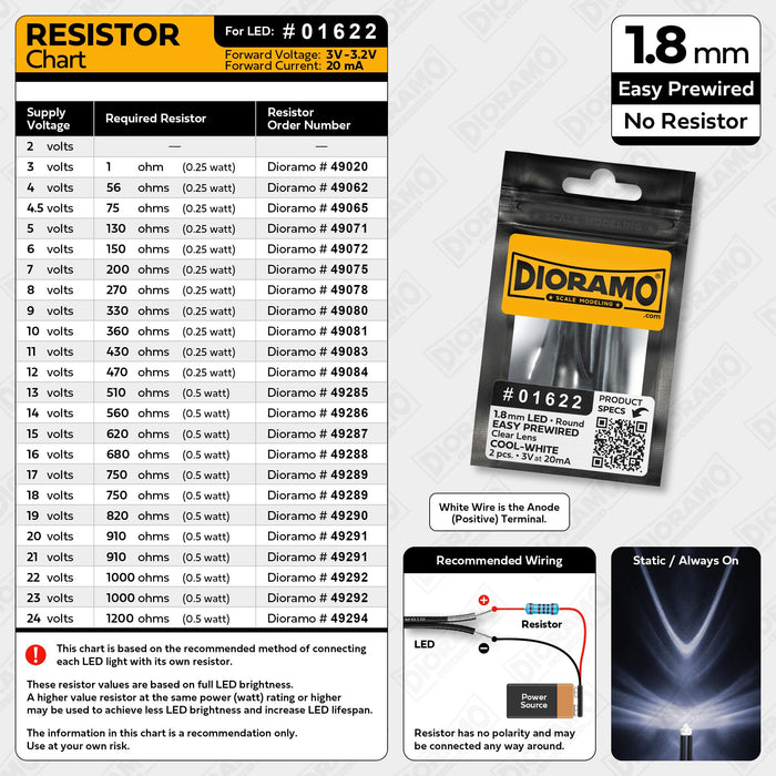 1.8mm Cool-White LED. Clear Lens. No Resistor Prewired. 2 pcs.